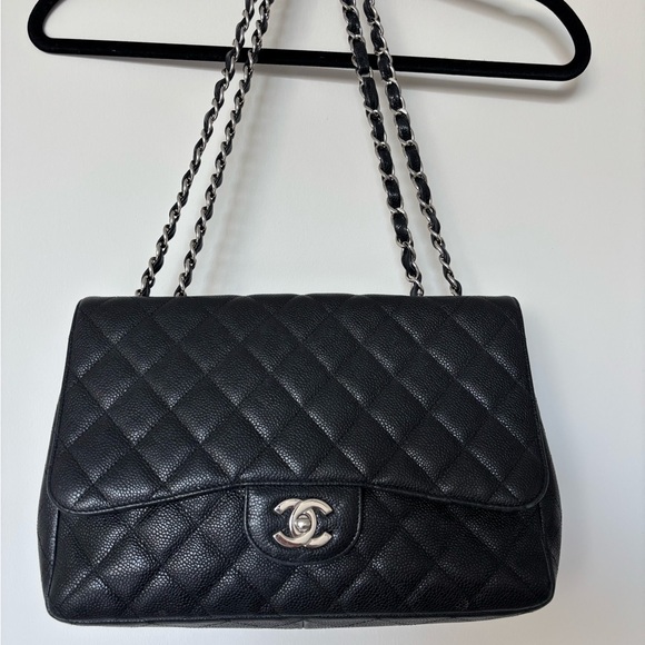 CHANEL Black and Silver Jumbo Caviar leather with   Authenticity Card - Picture 1 of 7
